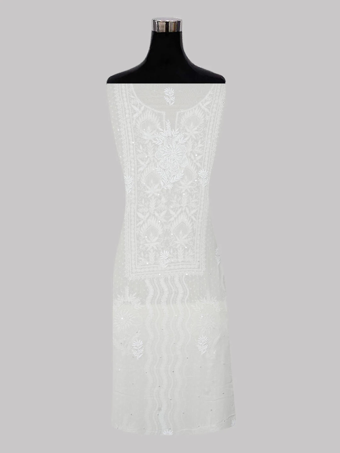 Ada Hand Embroidered White Pure Georgette Lucknowi Chikankari Unstitched Kurta Dupatta Set With Sequinned Work 01A591712