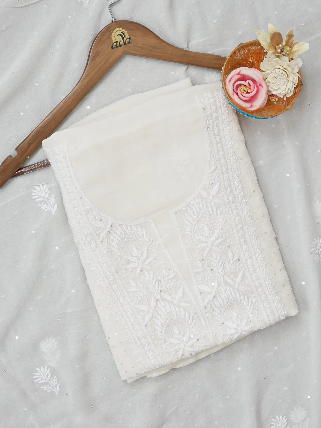 Ada Hand Embroidered White Pure Georgette Lucknowi Chikankari Unstitched Kurta Dupatta Set With Sequinned Work 01A591712