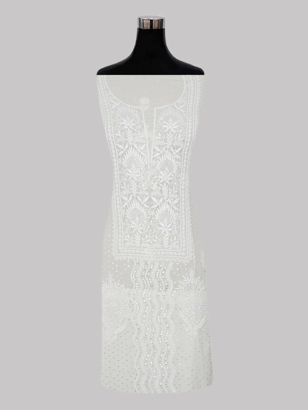 Ada Hand Embroidered White Pure Georgette Lucknowi Chikankari Unstitched Kurta Dupatta Set With Sequinned Work 01A591712