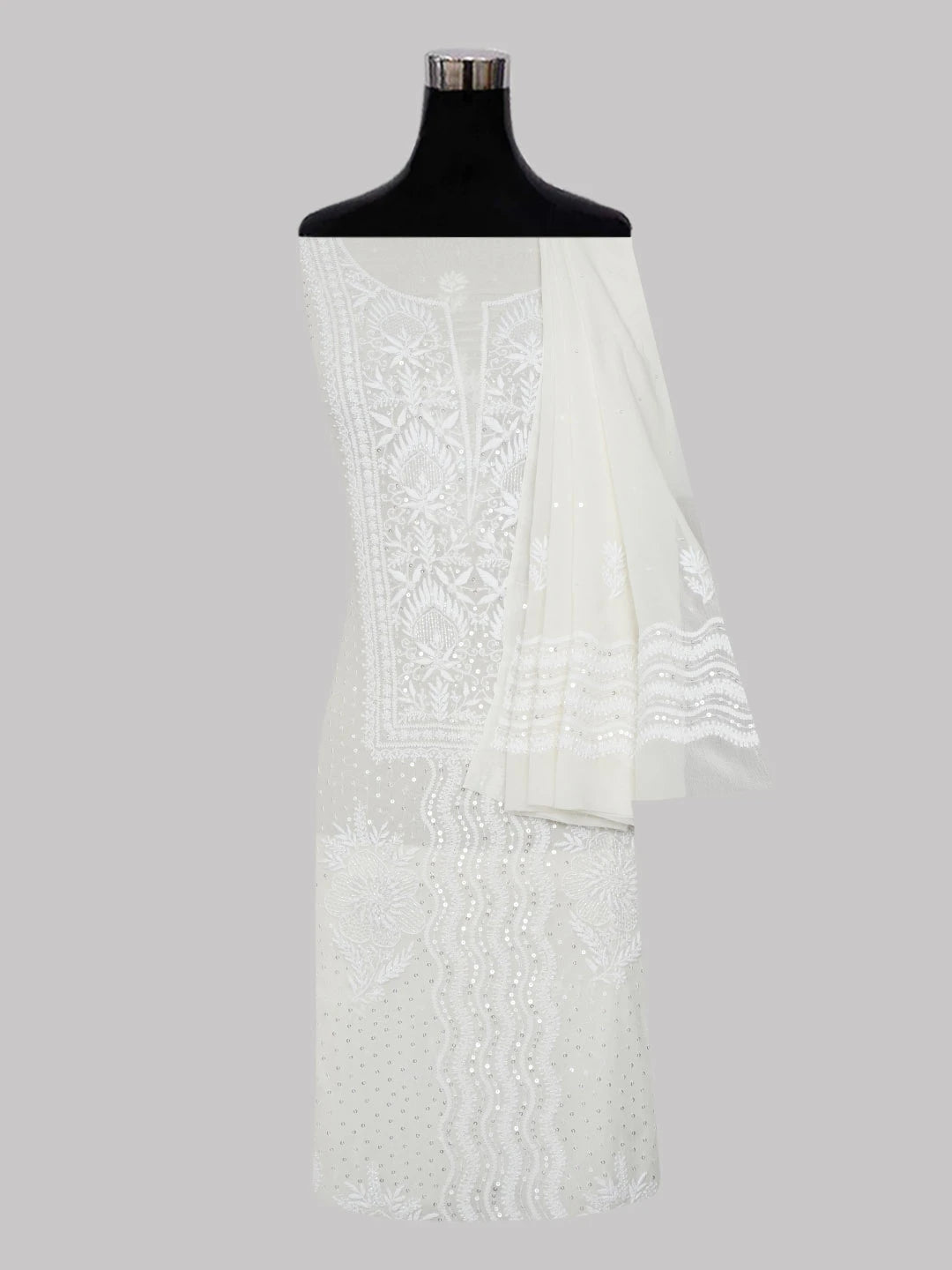 Ada Hand Embroidered White Pure Georgette Lucknowi Chikankari Unstitched Kurta Dupatta Set With Sequinned Work 01A591712