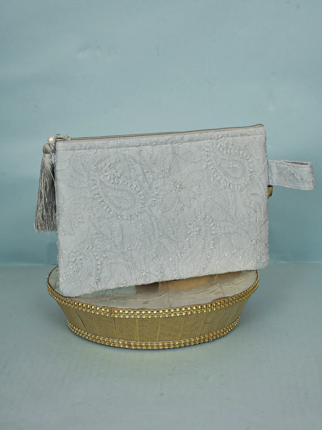 Ada Hand Embroidered Grey Cotton Lucknowi Chikankari Pouch 01A601217
