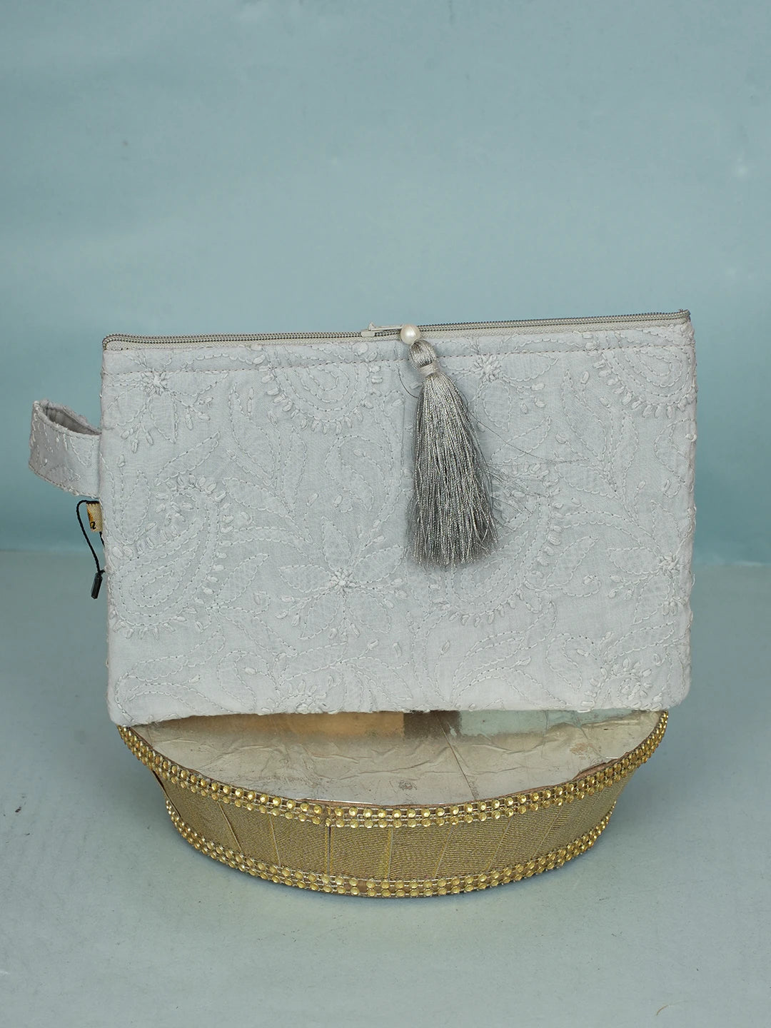Ada Hand Embroidered Grey Cotton Lucknowi Chikankari Pouch 01A601217