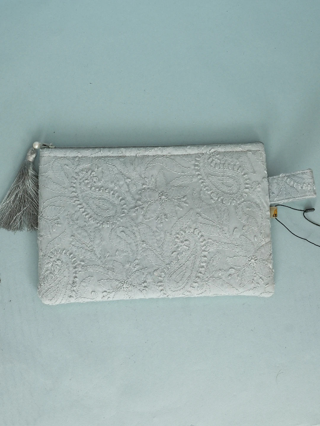 Ada Hand Embroidered Grey Cotton Lucknowi Chikankari Pouch 01A601217