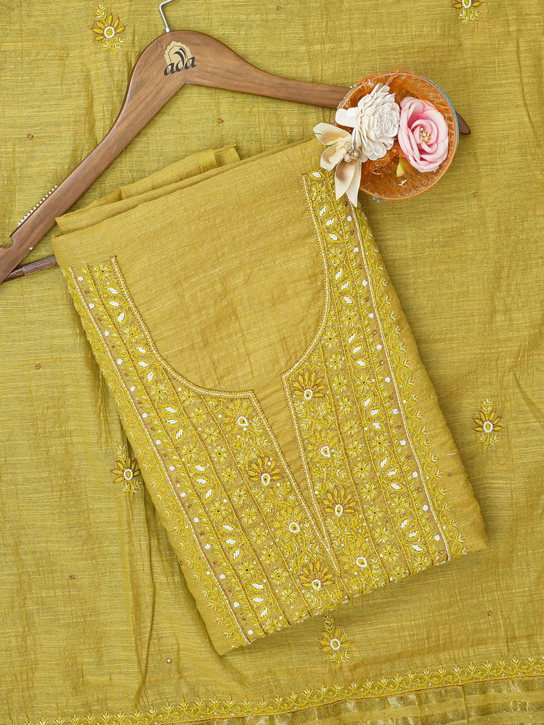 Ada Hand Embroidered Mehandi Green khadi Chanderi Lucknowi Chikankari Unstitched Kurta Dupatta Set With Pearl Work 01A452750