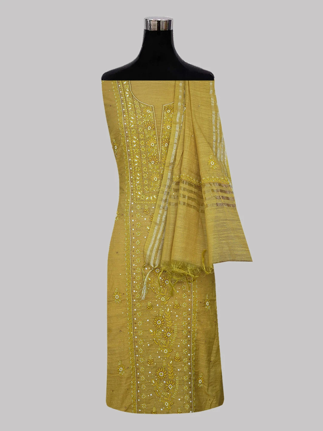 Ada Hand Embroidered Mehandi Green khadi Chanderi Lucknowi Chikankari Unstitched Kurta Dupatta Set With Pearl Work 01A452750