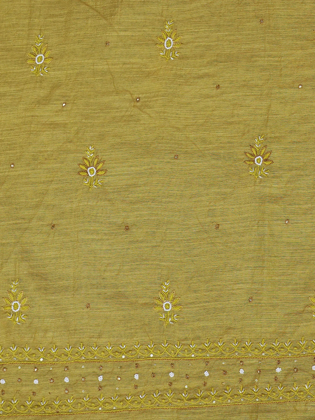 Ada Hand Embroidered Mehandi Green khadi Chanderi Lucknowi Chikankari Unstitched Kurta Dupatta Set With Pearl Work 01A452750