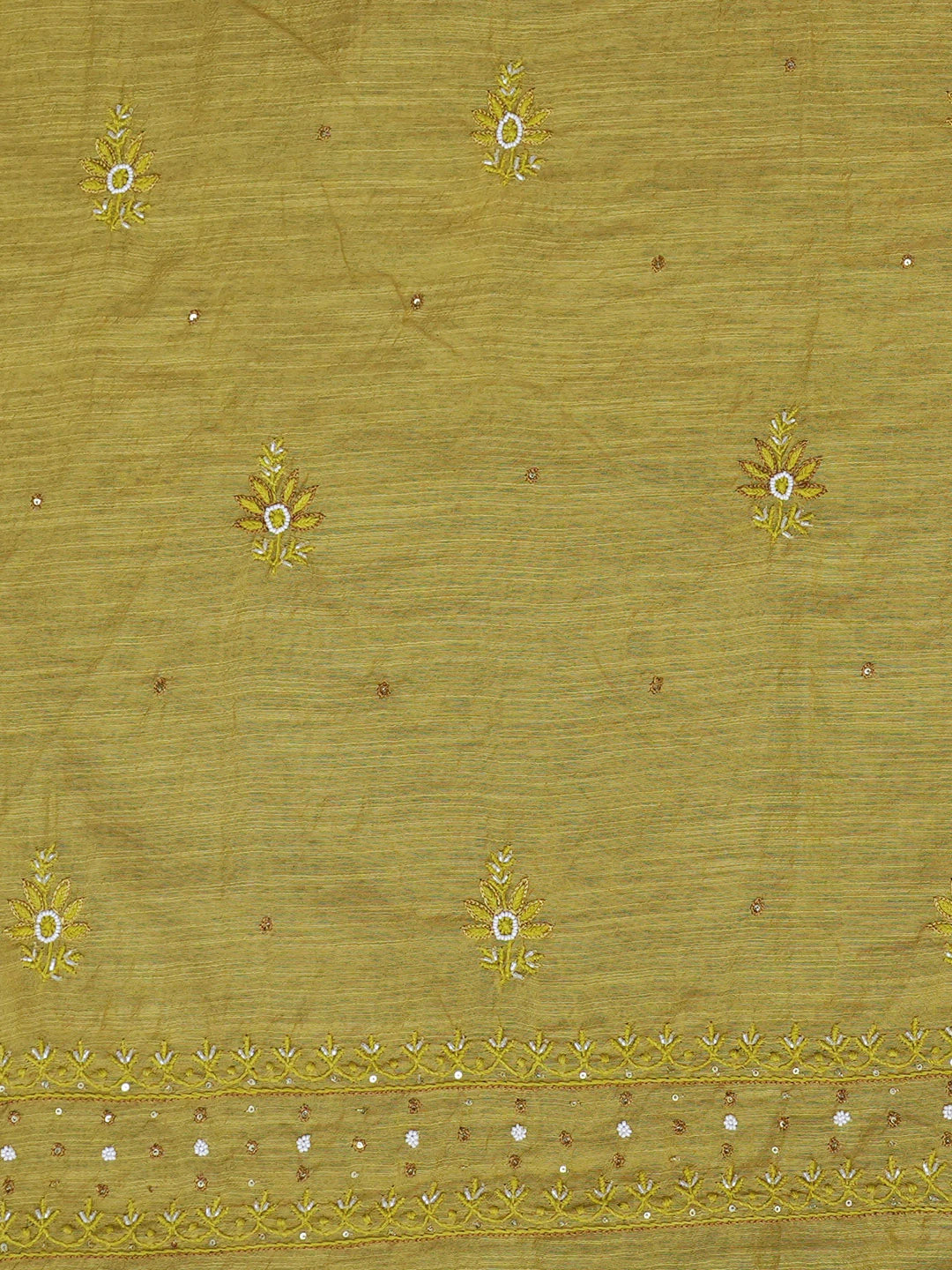 Ada Hand Embroidered Mehandi Green khadi Chanderi Lucknowi Chikankari Unstitched Kurta Dupatta Set With Pearl Work 01A452750