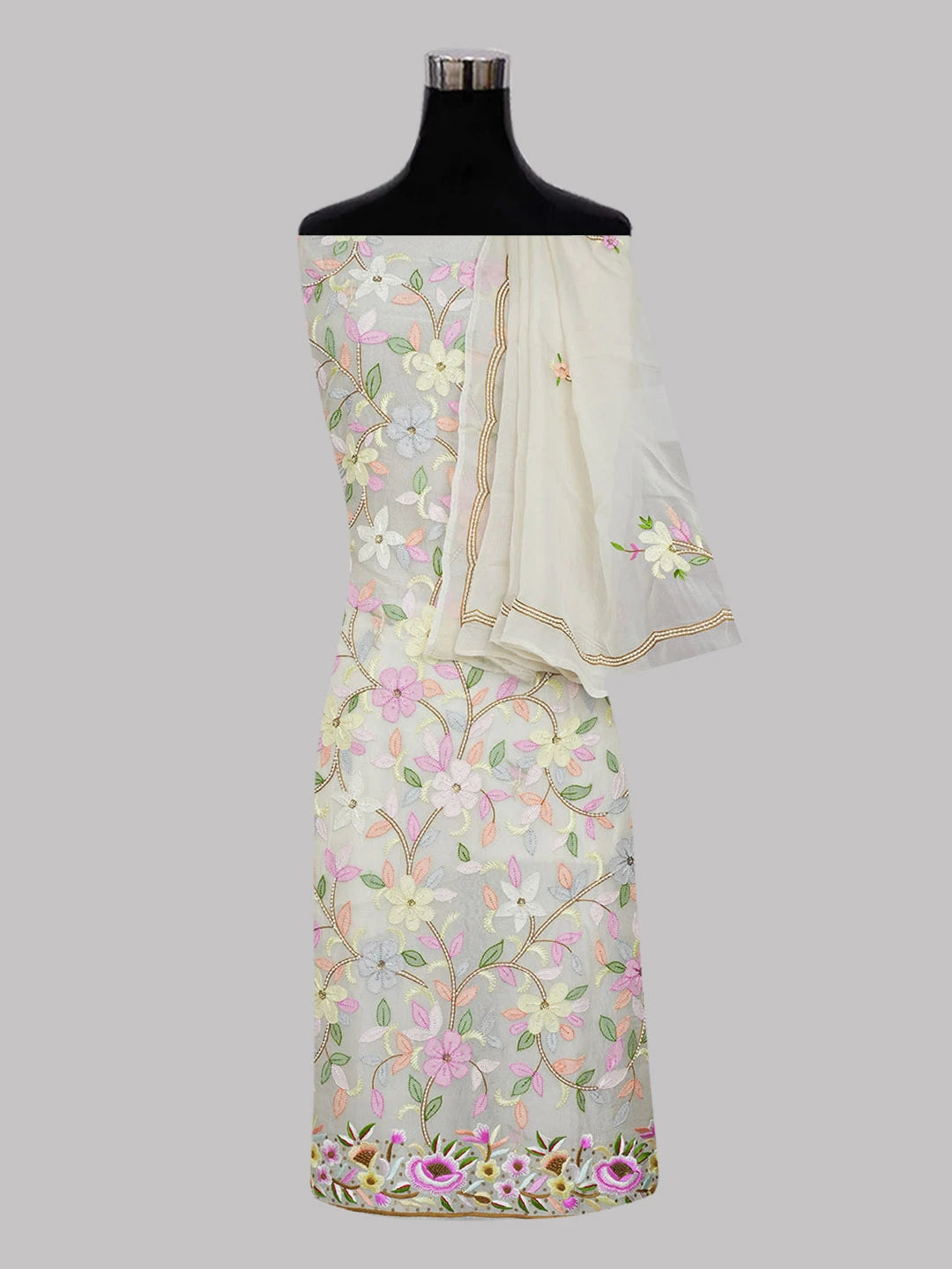 Ada Hand Embroidered Fawn Organza Lucknowi Chikankari Unstitched Kurta Dupatta Set With Parsi Work 01A599527