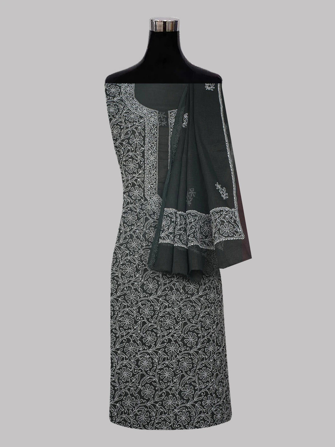 Ada Hand Embroidered Black Kota Lucknowi Chikankari Unstitched Kurta Dupatta Set 01A565375