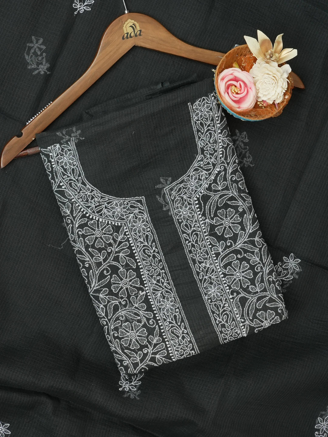 Ada Hand Embroidered Black Kota Lucknowi Chikankari Unstitched Kurta Dupatta Set 01A565375
