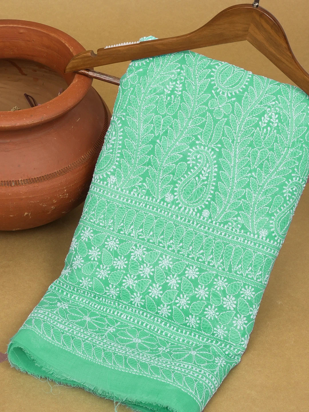 Ada Hand Embroidered Sea Green Cotton Lucknowi Chikankari Unstitched Kurta Piece 01A607298