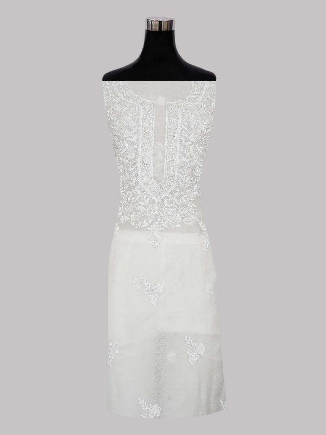 Ada Hand Embroidered White Organza Lucknowi Chikankari Unstitched Kurta Dupatta Set With Cutdana Work 01A590984