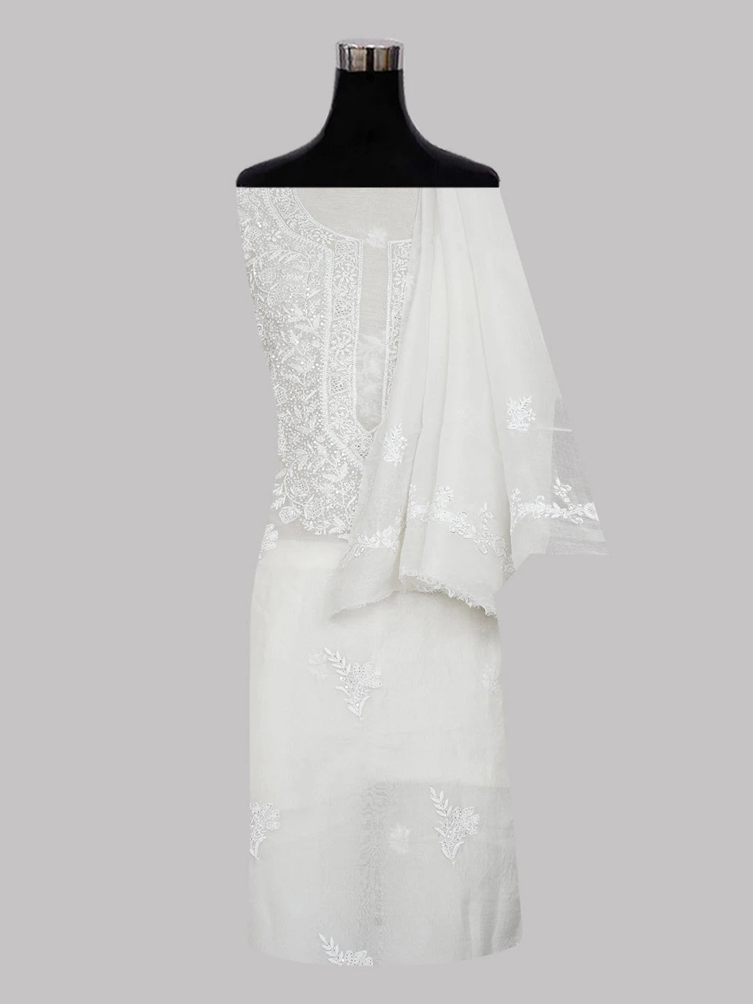 Ada Hand Embroidered White Organza Lucknowi Chikankari Unstitched Kurta Dupatta Set With Cutdana Work 01A590984
