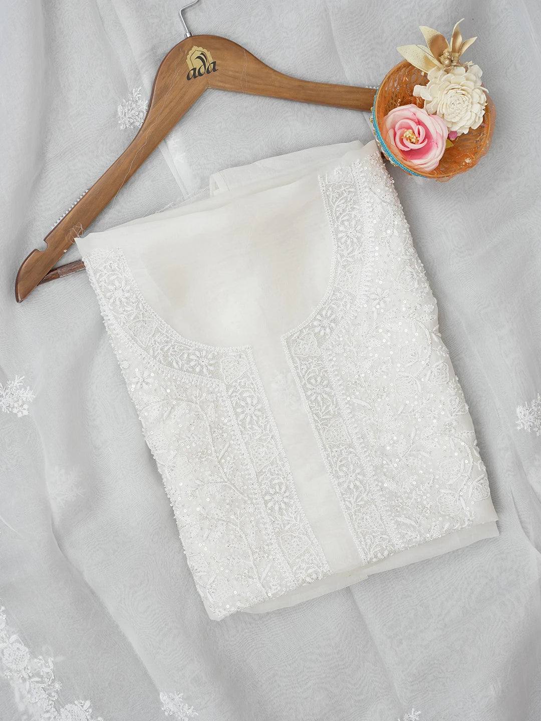 Ada Hand Embroidered White Organza Lucknowi Chikankari Unstitched Kurta Dupatta Set With Cutdana Work 01A590984