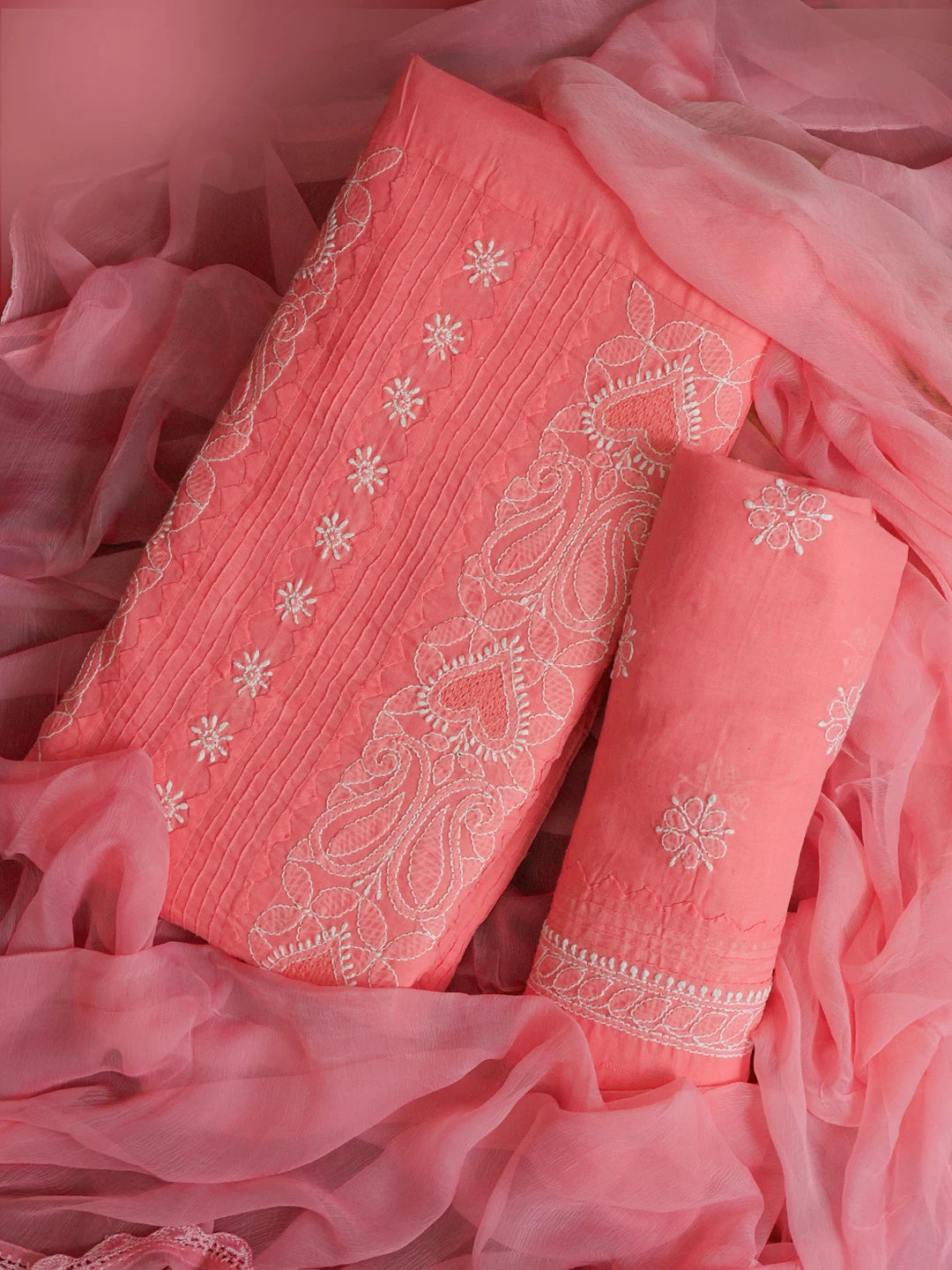 Ada Hand Embroidered Pink Cotton Lucknowi Chikankari Unstitched Suit Piece 01A479390