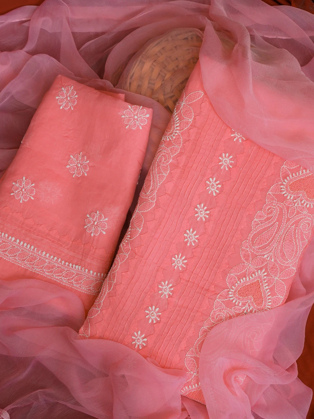 Ada Hand Embroidered Pink Cotton Lucknowi Chikankari Unstitched Suit Piece 01A479390