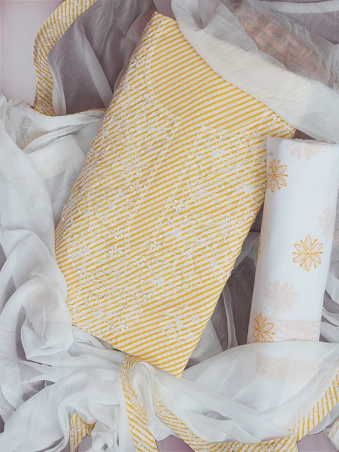 Ada Hand Embroidered Yellow And White Cotton Lucknowi Chikankari Unstitched Suit Piece A211242