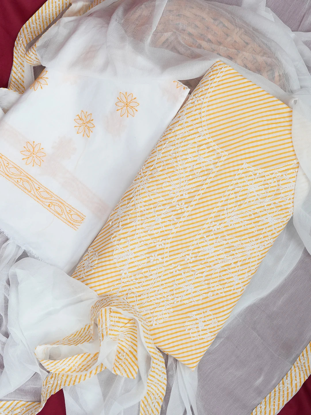 Ada Hand Embroidered Yellow And White Cotton Lucknowi Chikankari Unstitched Suit Piece A211242