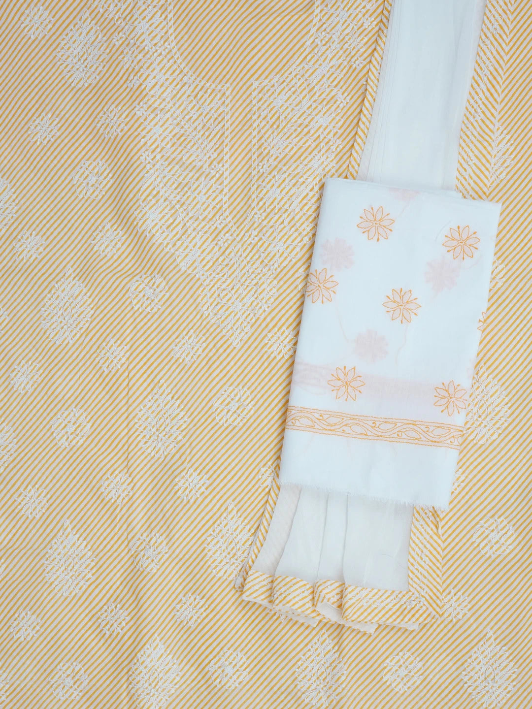 Ada Hand Embroidered Yellow And White Cotton Lucknowi Chikankari Unstitched Suit Piece A211242