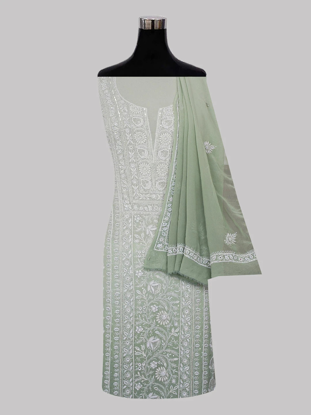 Ada Hand Embroidered Light Green Pure Georgette Lucknowi Chikankari Unstitched Kurta Dupatta Set With Cutdana Work 01A563356