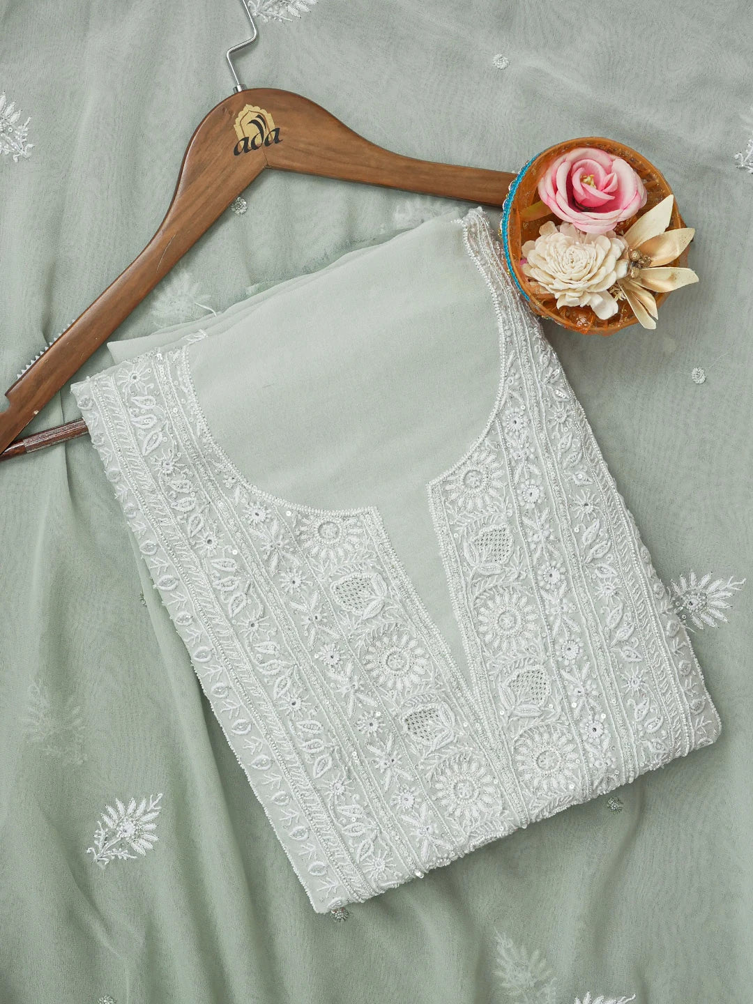 Ada Hand Embroidered Light Green Pure Georgette Lucknowi Chikankari Unstitched Kurta Dupatta Set With Cutdana Work 01A563356