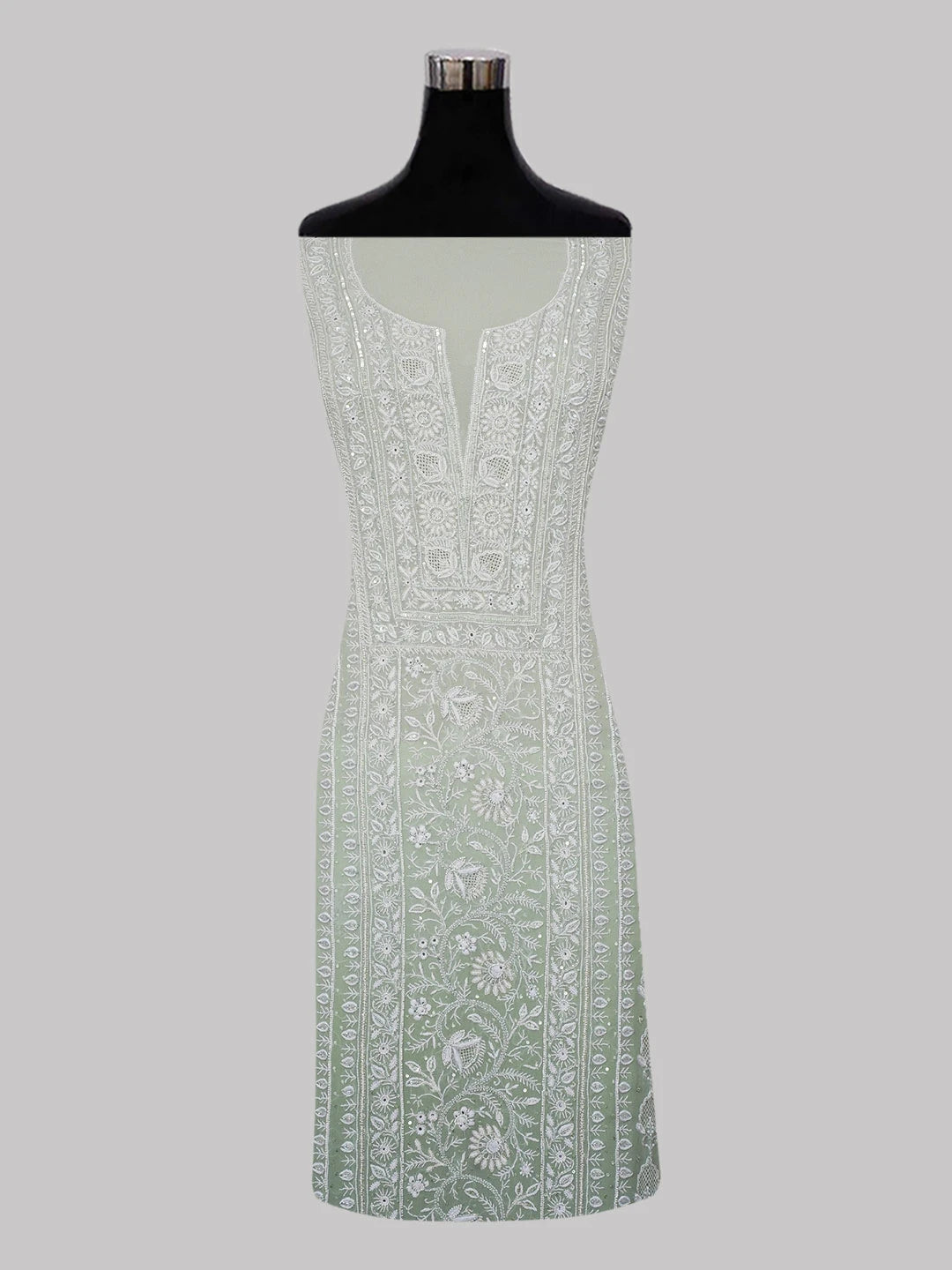 Ada Hand Embroidered Light Green Pure Georgette Lucknowi Chikankari Unstitched Kurta Dupatta Set With Cutdana Work 01A563356