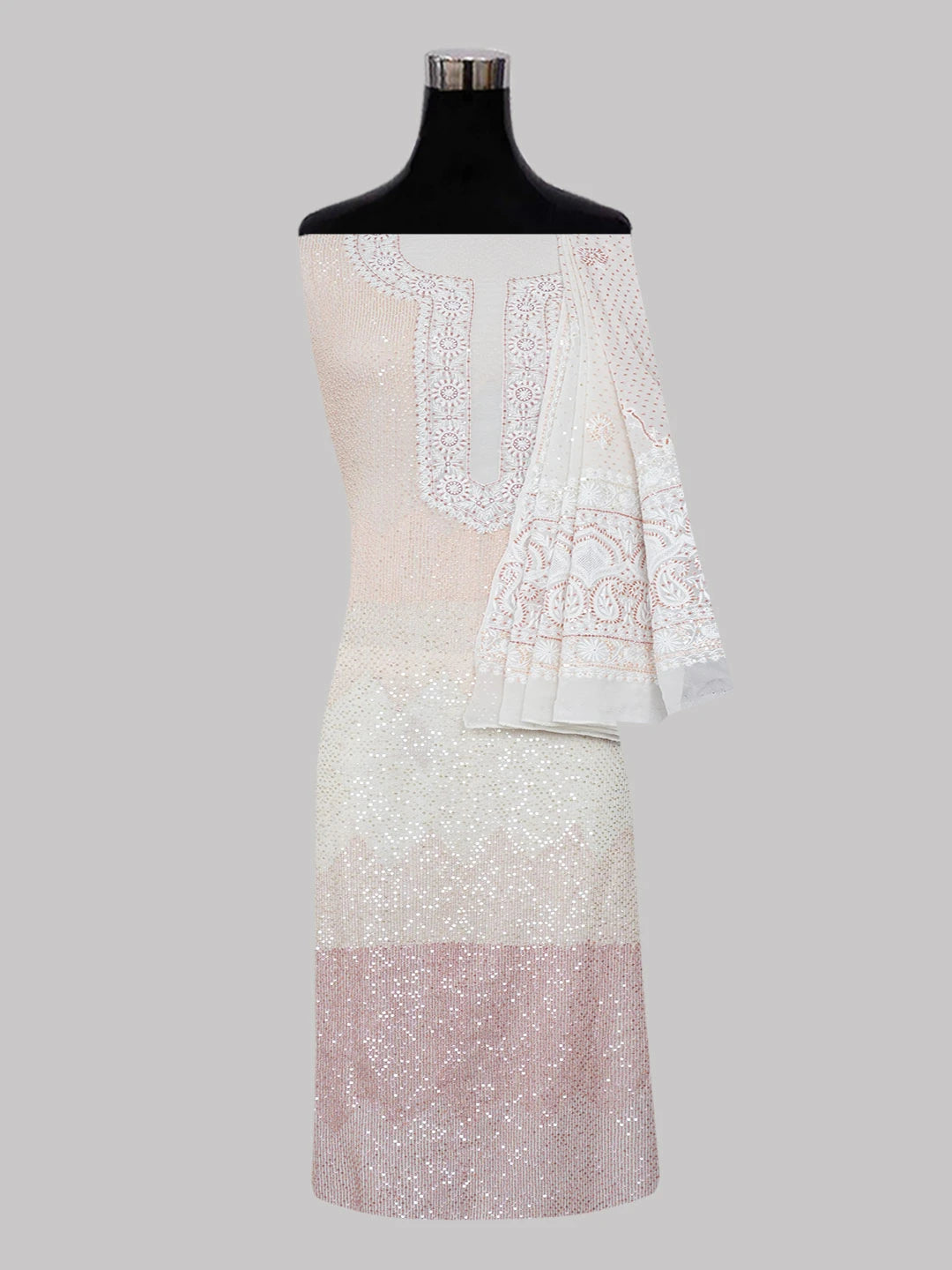 Ada Hand Embroidered White Pure Georgette Lucknowi Chikankari Unstitched Kurta Dupatta Set With Sequinned Work A163832