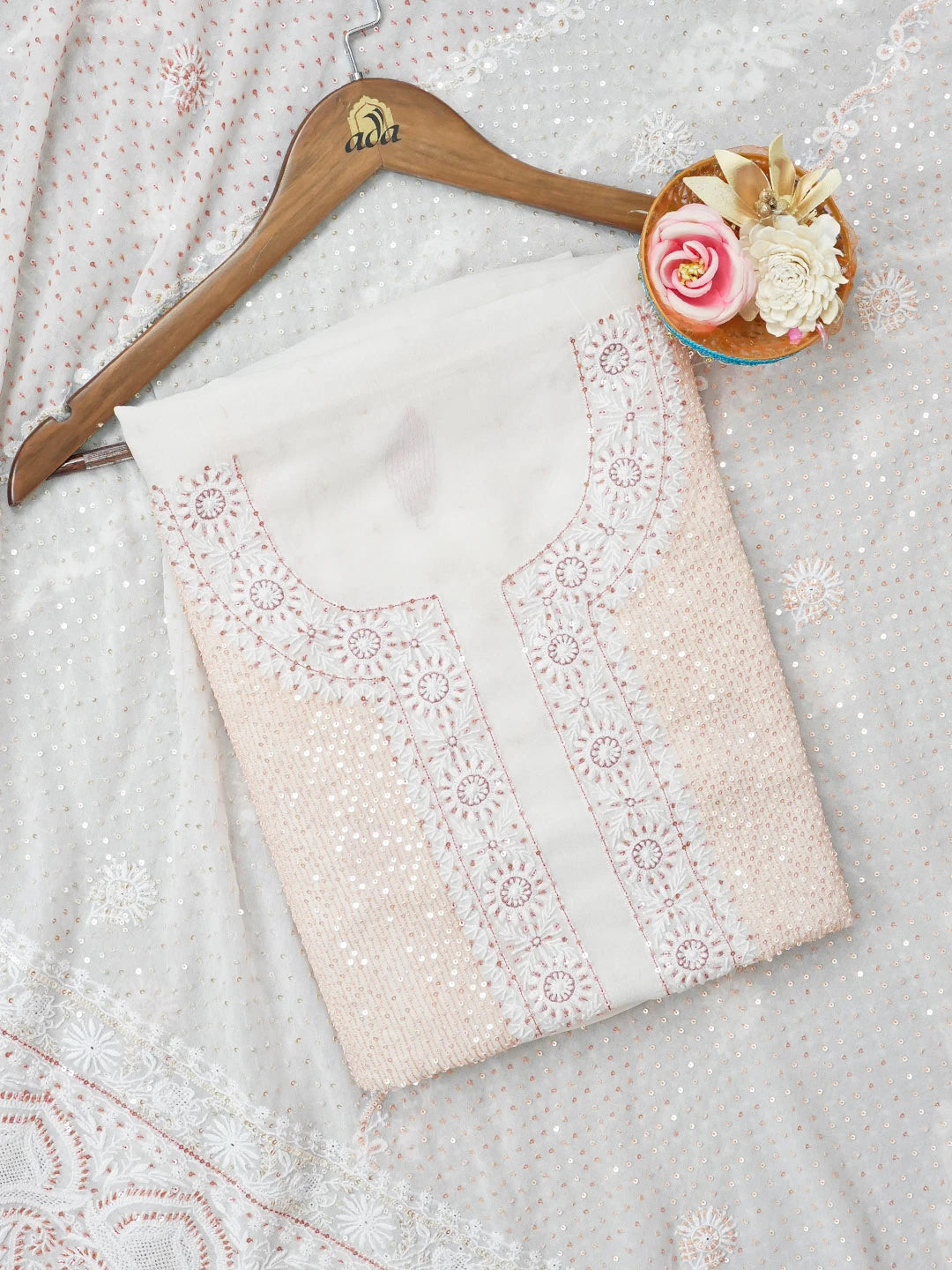 Ada Hand Embroidered White Pure Georgette Lucknowi Chikankari Unstitched Kurta Dupatta Set With Sequinned Work A163832