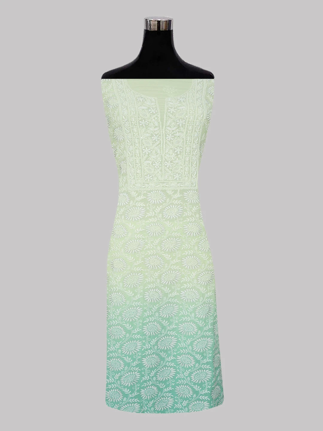Ada Hand Embroidered Ombre Shade of Light Lime Green and Sea Green Pure Georgette Lucknowi Chikankari Unstitched Kurta Dupatta Set With Pearl Work 01A590647