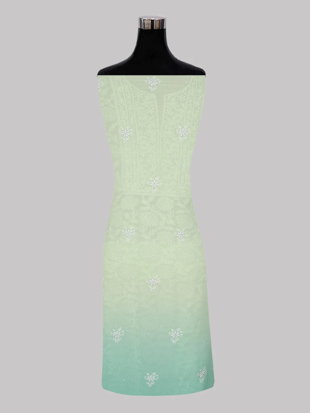 Ada Hand Embroidered Ombre Shade of Light Lime Green and Sea Green Pure Georgette Lucknowi Chikankari Unstitched Kurta Dupatta Set With Pearl Work 01A590647