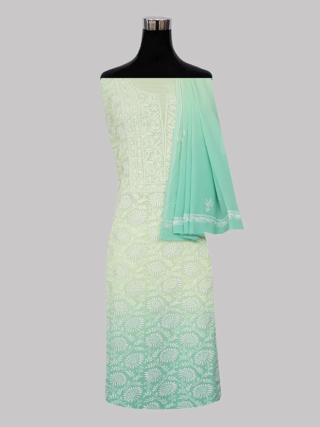 Ada Hand Embroidered Ombre Shade of Light Lime Green and Sea Green Pure Georgette Lucknowi Chikankari Unstitched Kurta Dupatta Set With Pearl Work 01A590647