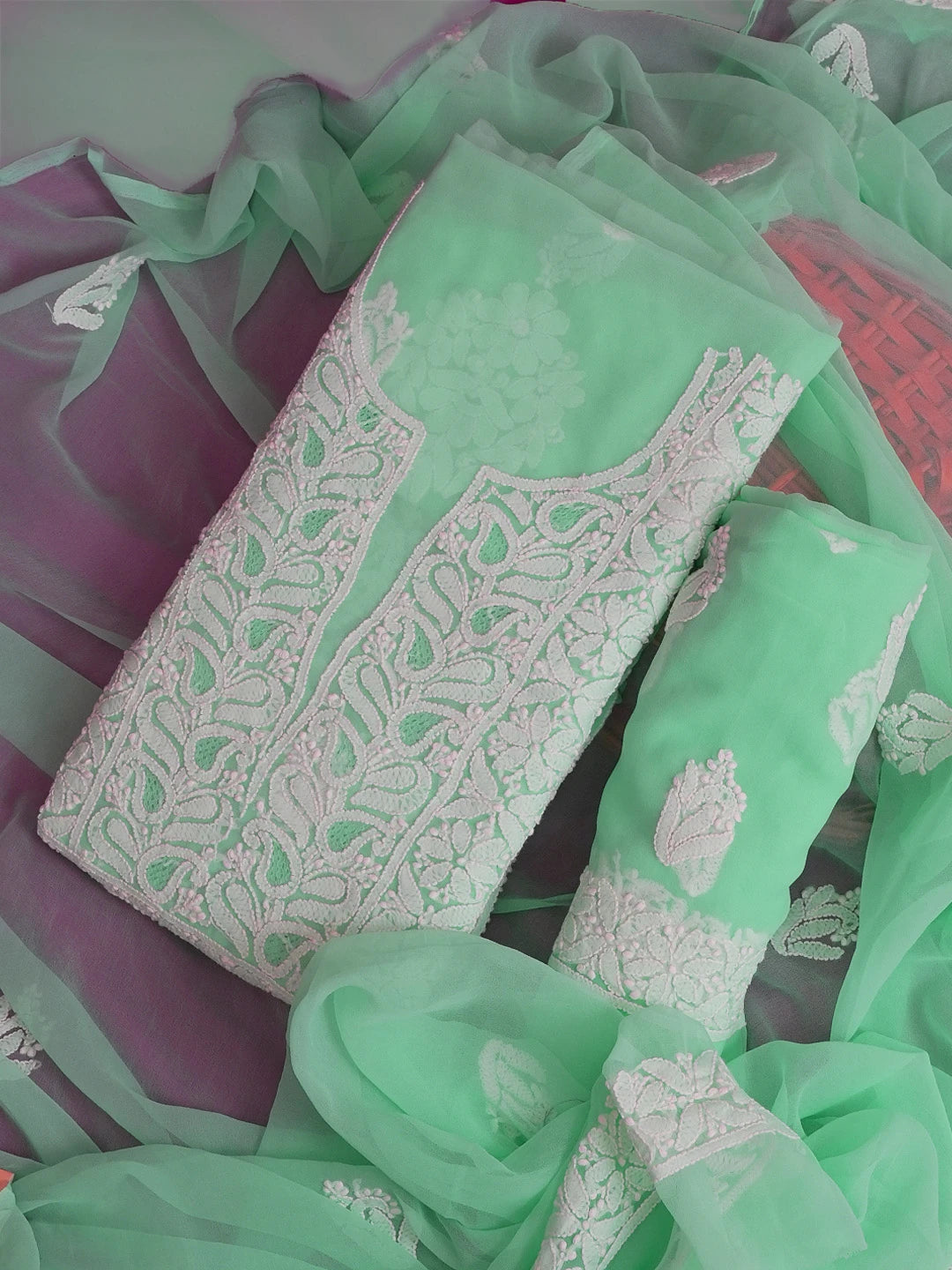 Ada Hand Embroidered Sea Green Georgette Lucknowi Chikankari Unstitched Suit Piece 01A608509