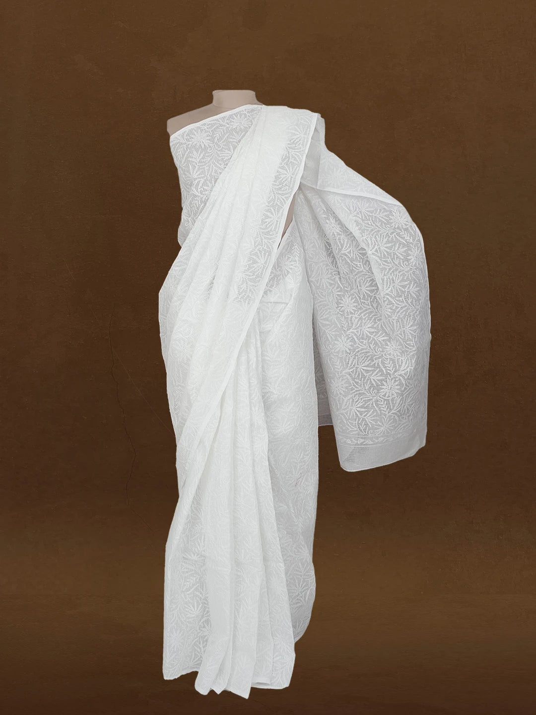 Ada Hand Embroidered White Kota Lucknowi Chikankari Saree With Blouse 01A585906