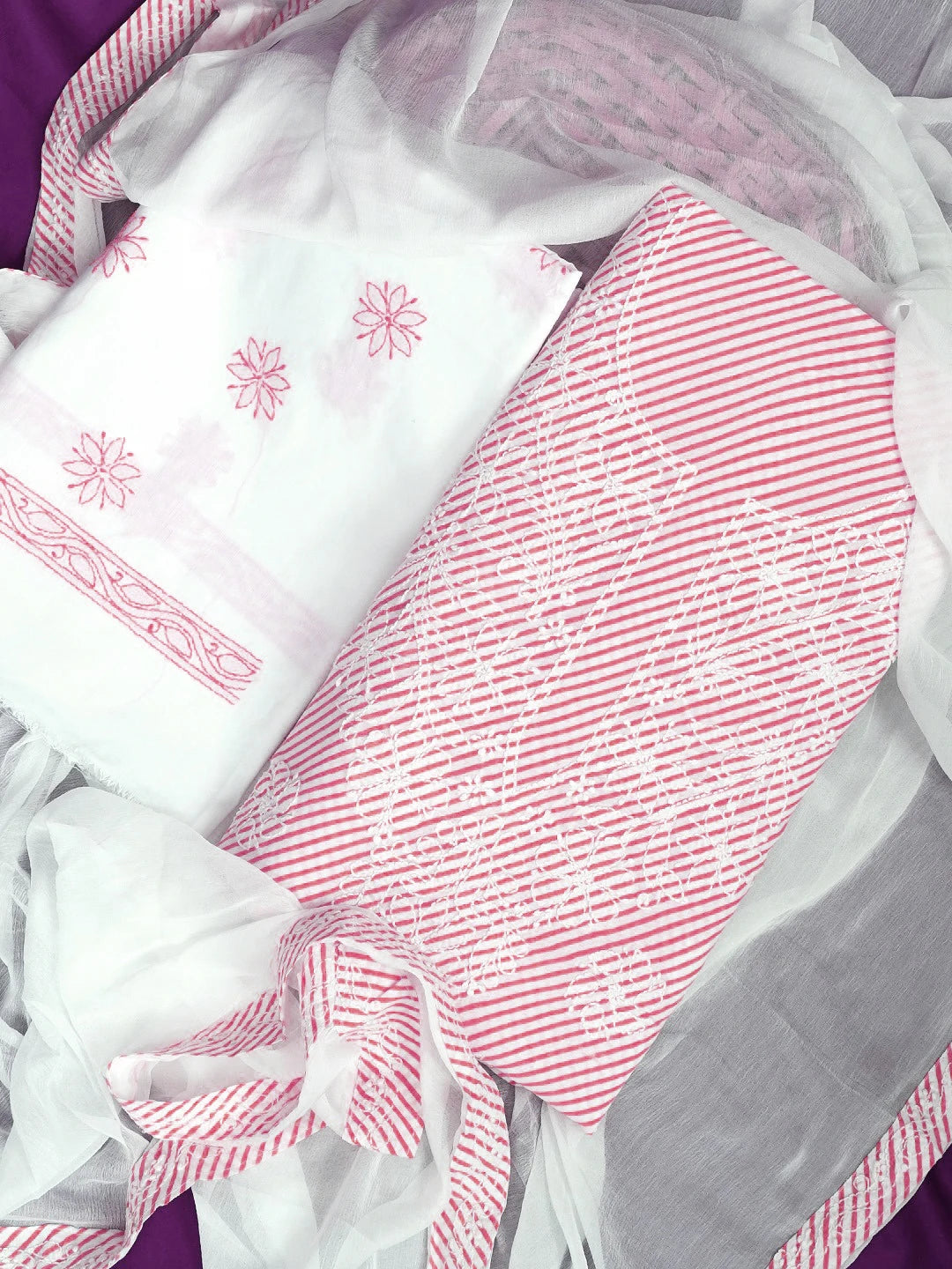 Ada Hand Embroidered White And Pink Cotton Lucknowi Chikankari Unstitched Suit Piece A211240