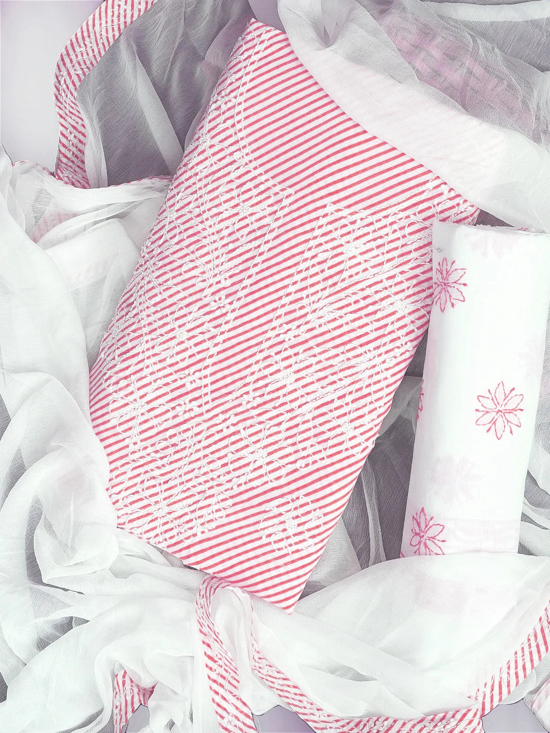 Ada Hand Embroidered White And Pink Cotton Lucknowi Chikankari Unstitched Suit Piece A211240