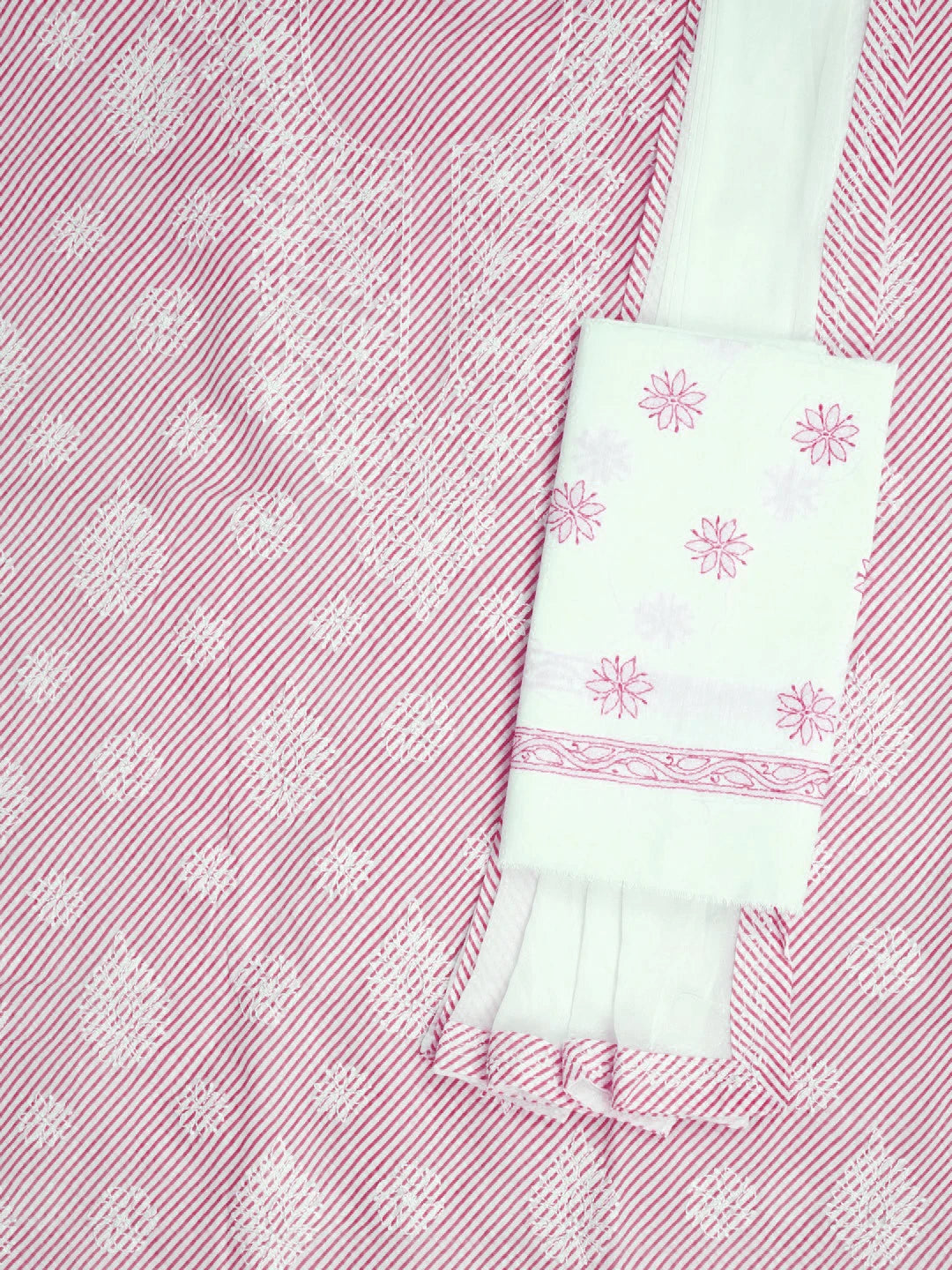 Ada Hand Embroidered White And Pink Cotton Lucknowi Chikankari Unstitched Suit Piece A211240