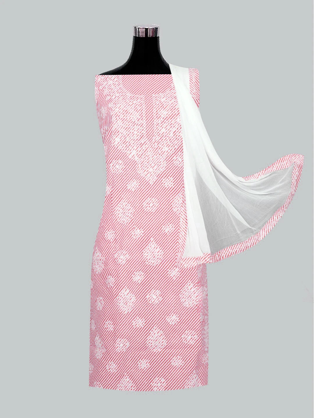 Ada Hand Embroidered White And Pink Cotton Lucknowi Chikankari Unstitched Suit Piece A211240
