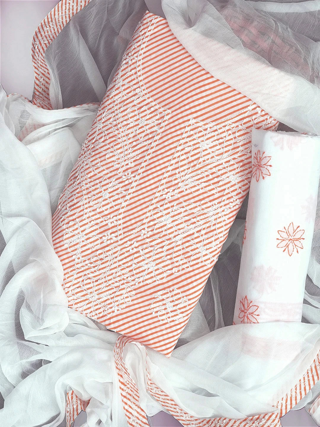 Ada Hand Embroidered White And Peach Cotton Lucknowi Chikankari Unstitched Suit Piece A211244