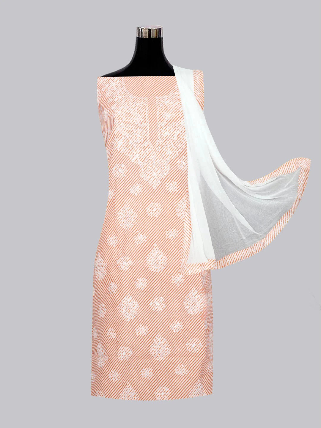 Ada Hand Embroidered White And Peach Cotton Lucknowi Chikankari Unstitched Suit Piece A211244