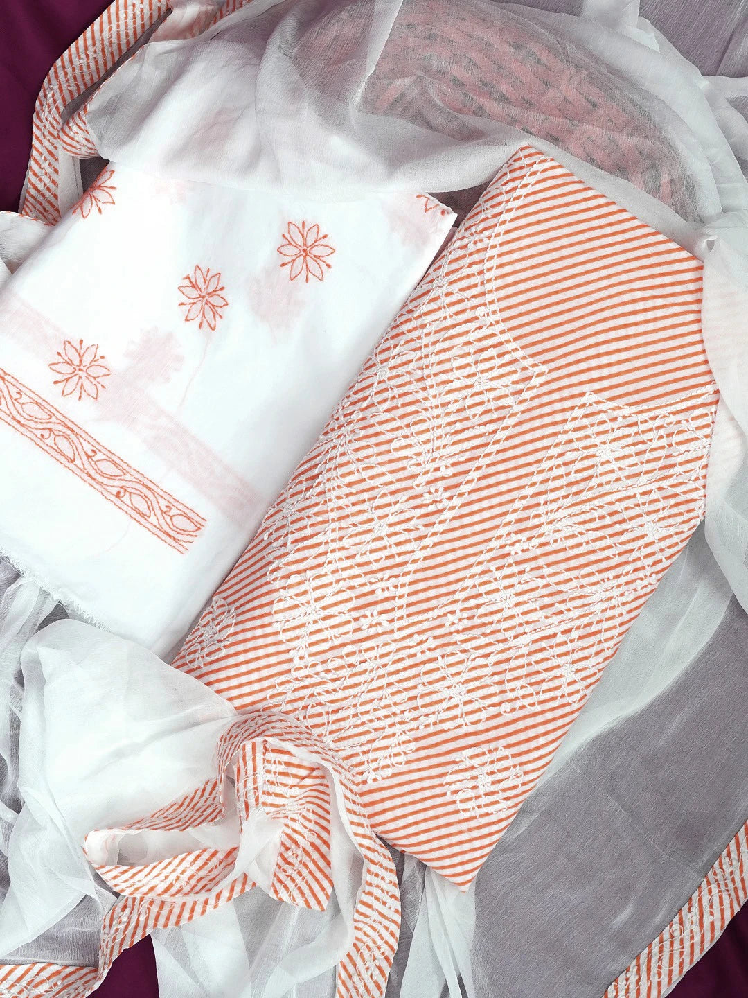 Ada Hand Embroidered White And Peach Cotton Lucknowi Chikankari Unstitched Suit Piece A211244