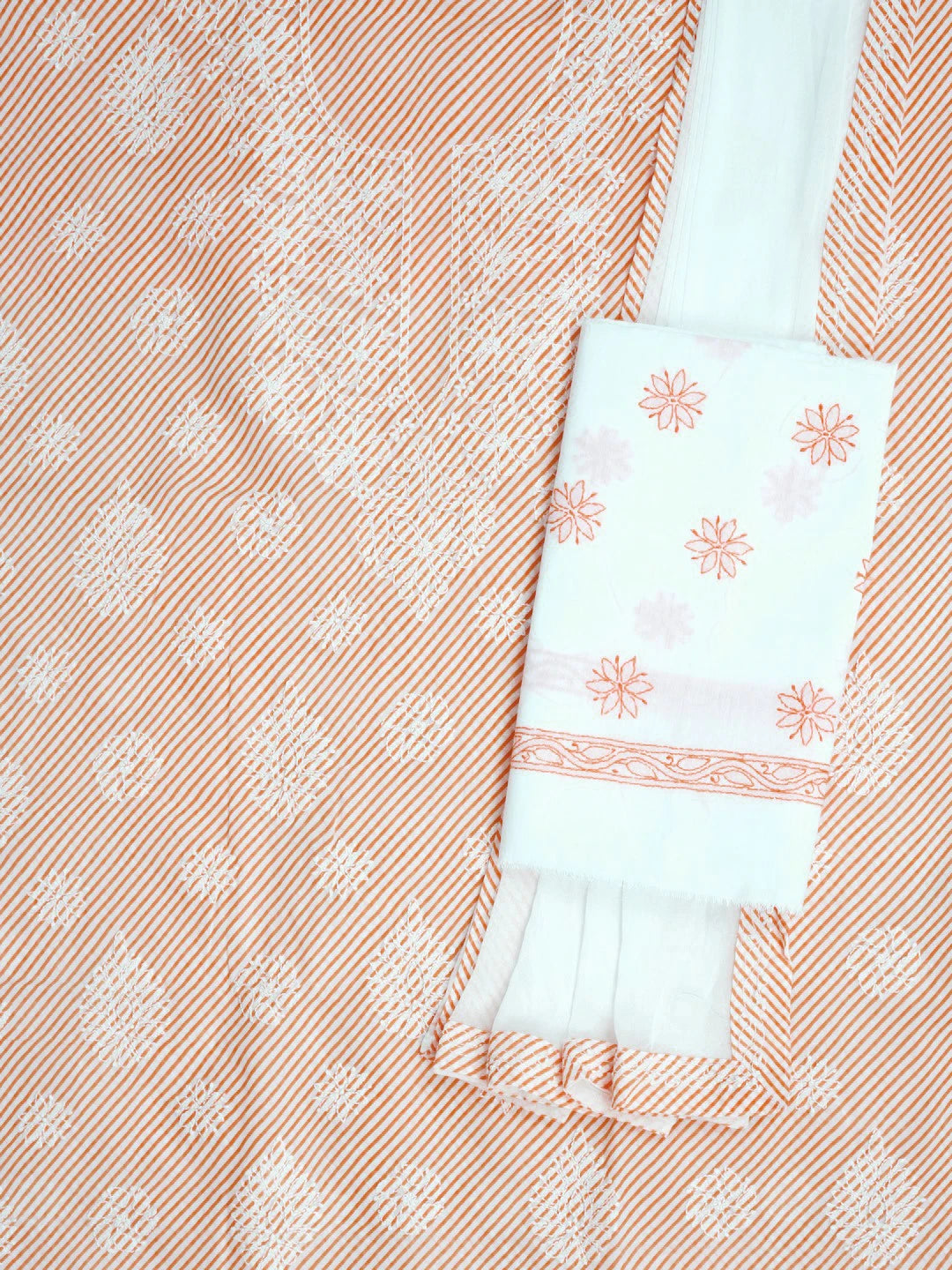 Ada Hand Embroidered White And Peach Cotton Lucknowi Chikankari Unstitched Suit Piece A211244