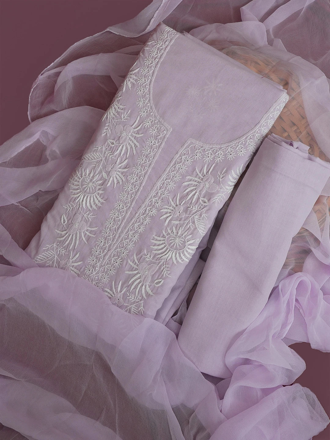 Ada Hand Embroidered Opera Mauve Cotton Lucknowi Chikankari Unstitched Suit Piece 01A555662