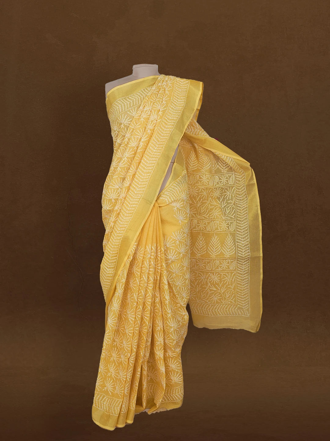 Ada Hand Embroidered Yellow Kota Lucknowi Chikankari Saree With Blouse 01A590939