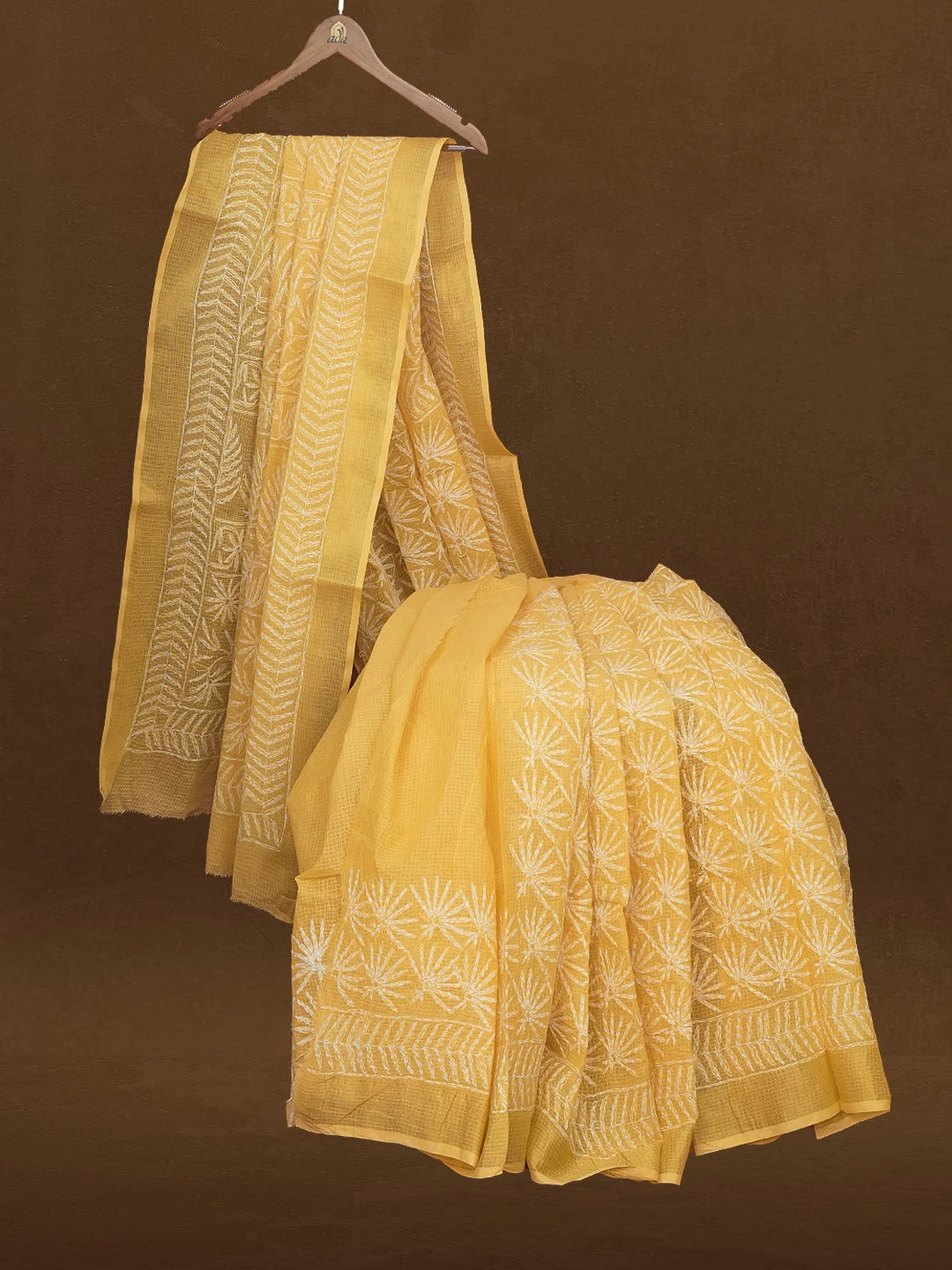 Ada Hand Embroidered Yellow Kota Lucknowi Chikankari Saree With Blouse 01A590939