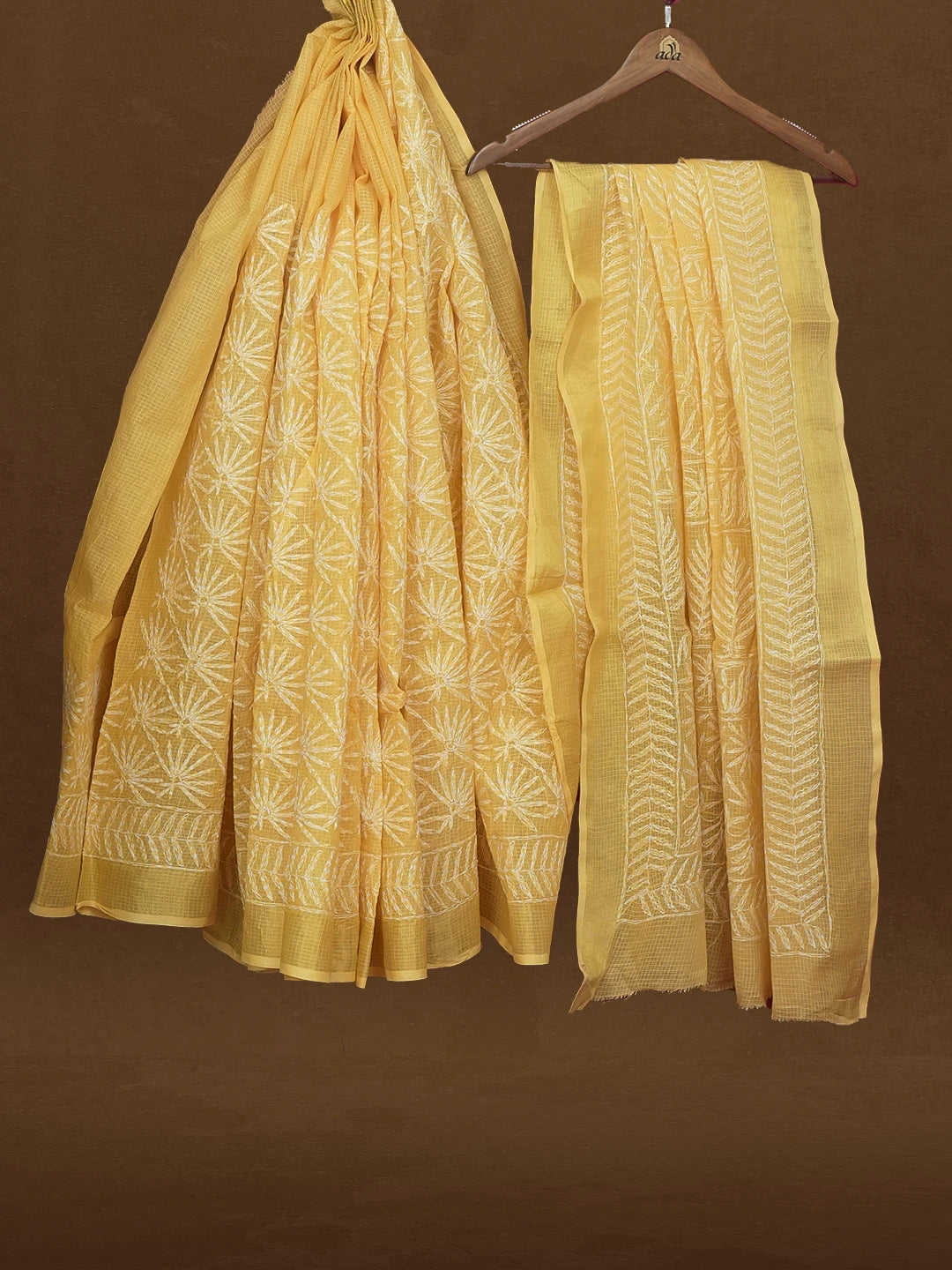 Ada Hand Embroidered Yellow Kota Lucknowi Chikankari Saree With Blouse 01A590939
