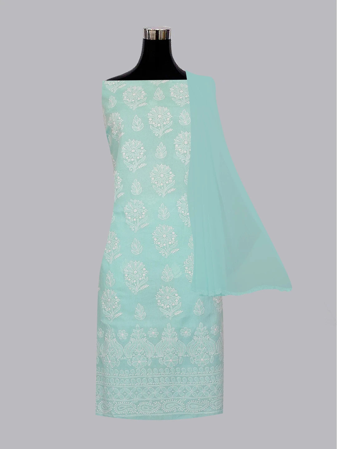 Ada Hand Embroidered Sky Blue Cotton Lucknowi Chikankari Unstitched Suit Piece 01A581816