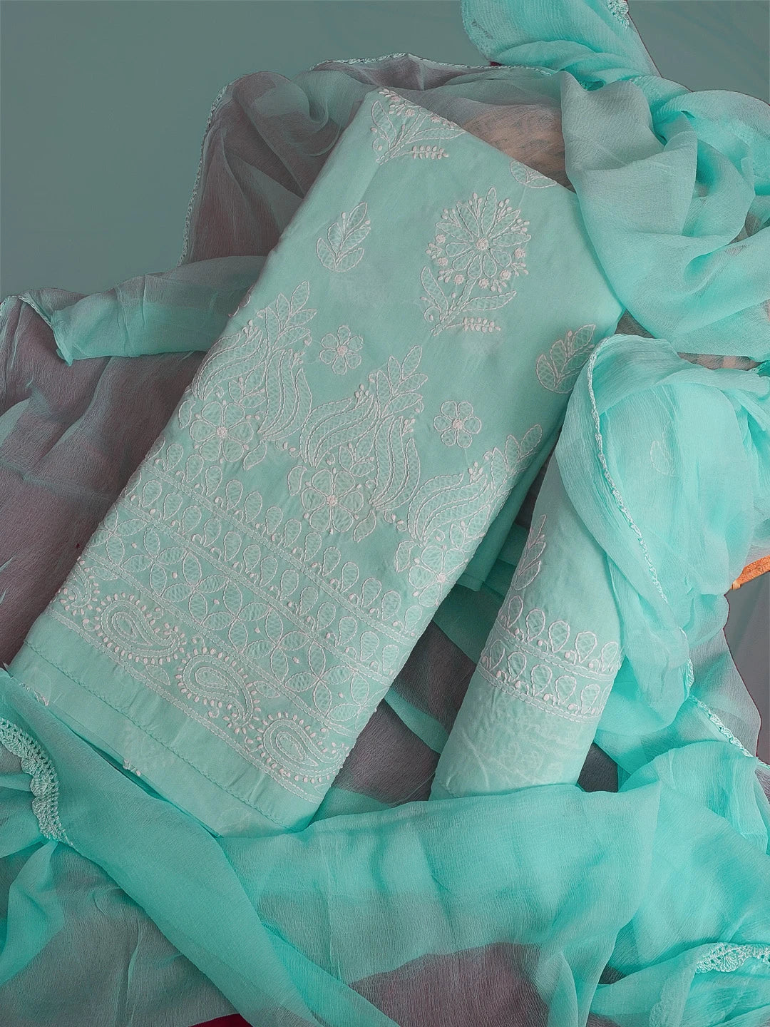 Ada Hand Embroidered Sky Blue Cotton Lucknowi Chikankari Unstitched Suit Piece 01A581816