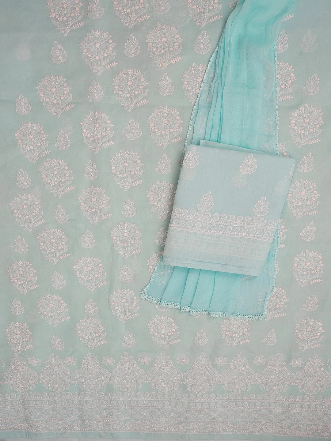 Ada Hand Embroidered Sky Blue Cotton Lucknowi Chikankari Unstitched Suit Piece 01A581816