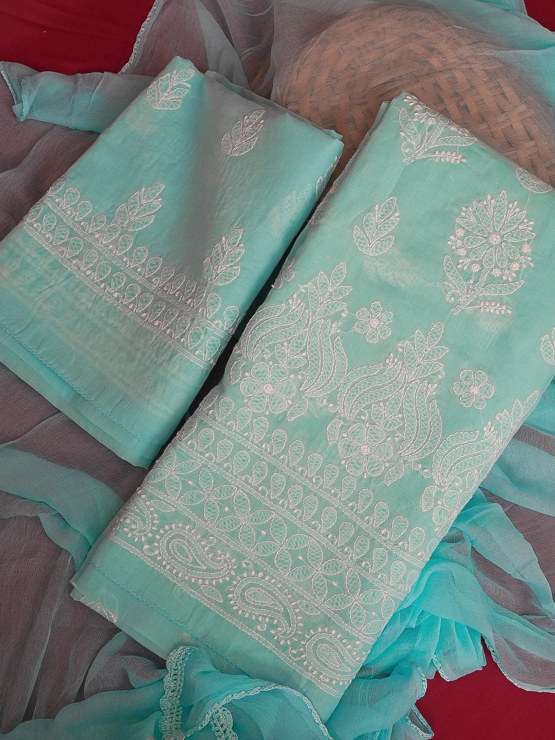 Ada Hand Embroidered Sky Blue Cotton Lucknowi Chikankari Unstitched Suit Piece 01A581816