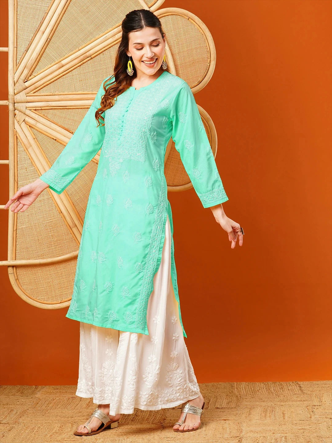 Ada Hand Embroidered Sea Green Cotton Lucknowi Chikankari Straight Kurta A411598